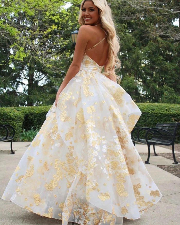 Weitese Formal Women's Dresses Gold Spaghetti Straps Sequin Ruffled Formal Dress Long Prom Dress Prom Dresses Stores