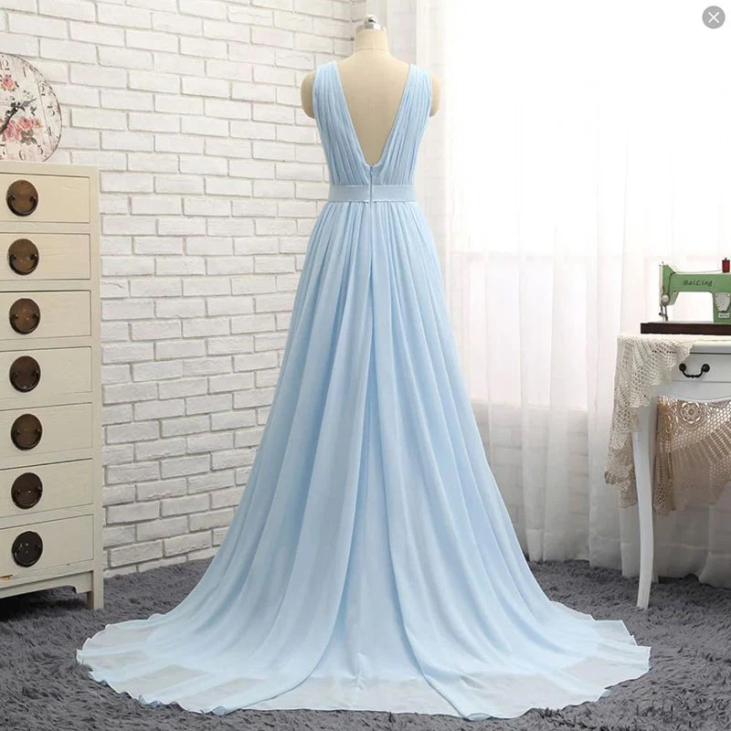 Formal Dresses Light Blue Deep V Neck Sleeveless Chiffon Long Prom Dress Evening Dress / Prom Dresses Store
