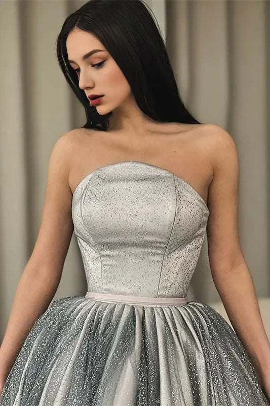 Vestidos de fiesta cortos plateados sin tirantes, corte A, con lentejuelas / Tienda de vestidos de fiesta 