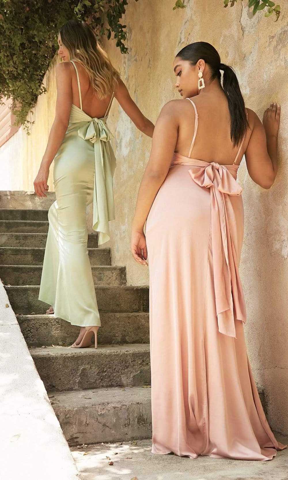 Robe de soirée rose poudré, col bénitier, bretelles spaghetti, longue robe en satin à nouer dans le dos, robe de demoiselle d'honneur, robe grande taille, robes de soirée / de soirée 