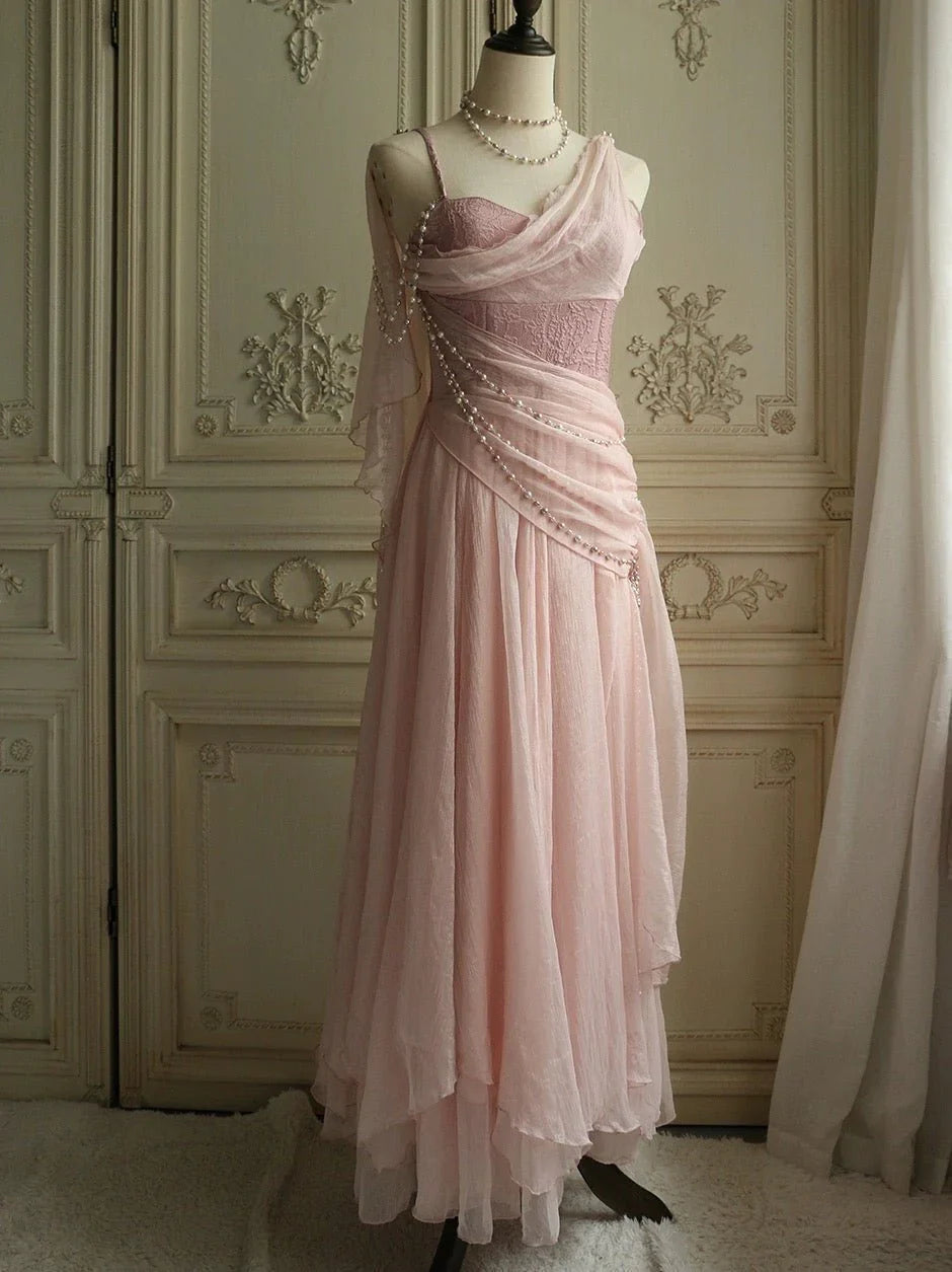 Weitese Dress Prom Dress Stores Stunning Pink Straps A-line Lace Chiffon Long Formal Party Dress Formal Wear Dresses