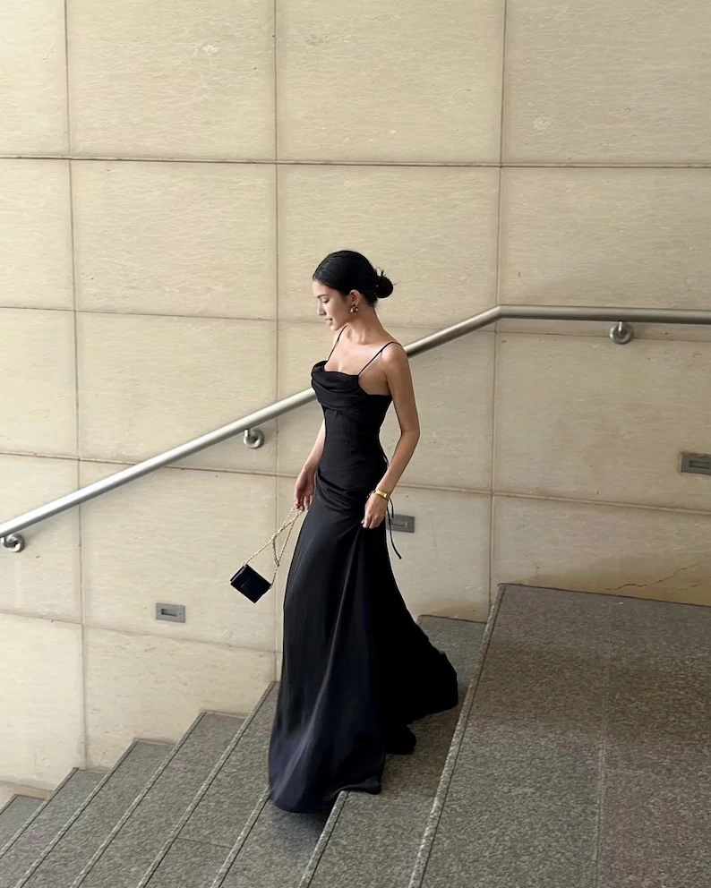 Robe Weitese grande taille, robe de soirée formelle noire à bretelles spaghetti, coupe trapèze, longue, en satin, tenue de soirée 