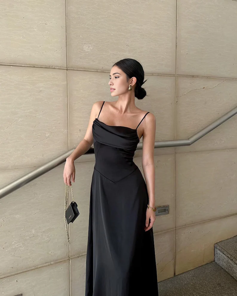 Weitese Dress Dresses Plus Size Formal Black Spaghetti Straps A-Line Satin Long Formal Party Dress Formal Wear Dresses