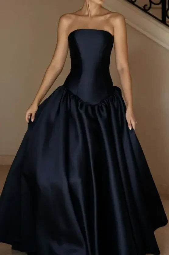 Robe Weitese bleu marine sans bretelles en satin, longue, coupe trapèze, tenue de soirée formelle, grande taille 