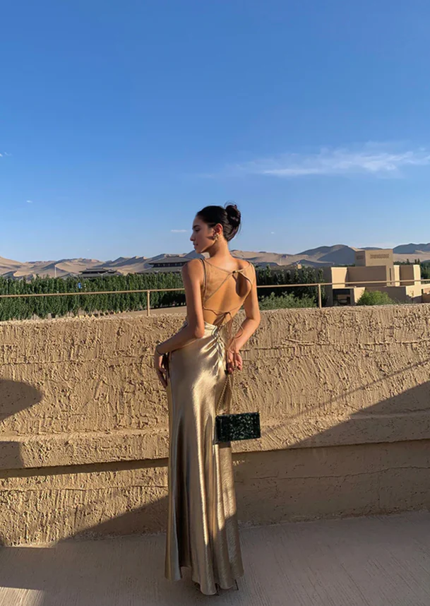 Robes de soirée Weitese Élégante robe de bal sirène longue en satin doré dos nu Robe de soirée formelle Robes de bal Boutiques Robes formelles pour femmes 