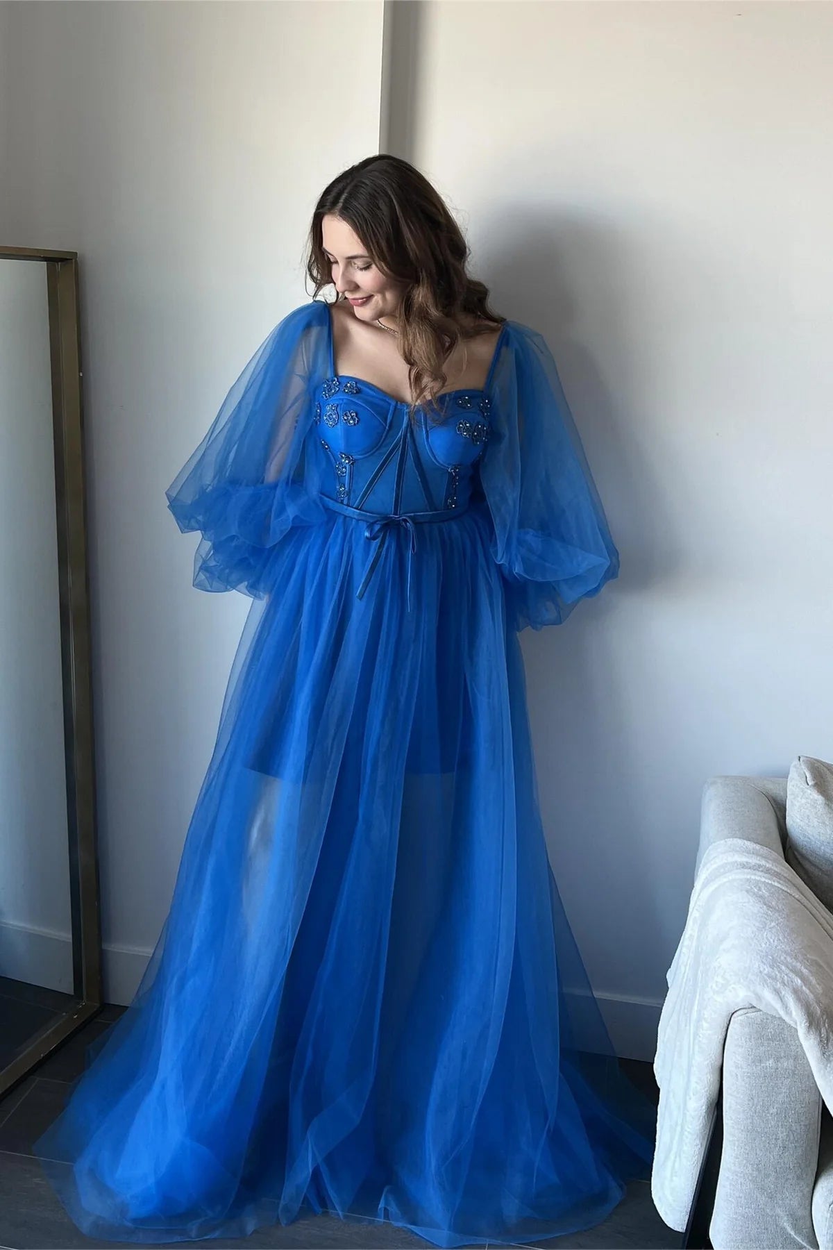 Formal Wear Dresses A-line Puff Sleeves Royal Blue Tulle Long Formal Dress Prom Dress Stores With Prom Dresses