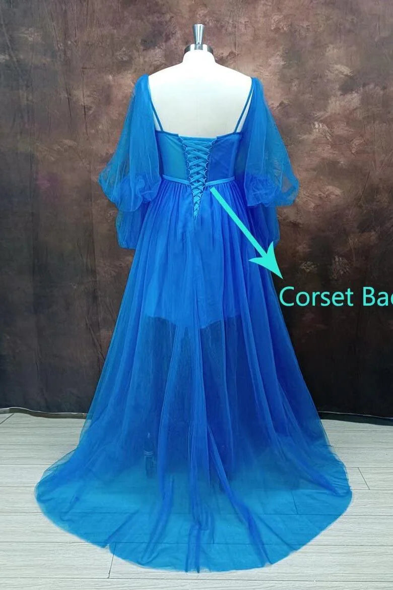 Robes de soirée trapèze à manches bouffantes en tulle bleu roi, robe longue de soirée, magasins de robes de bal 