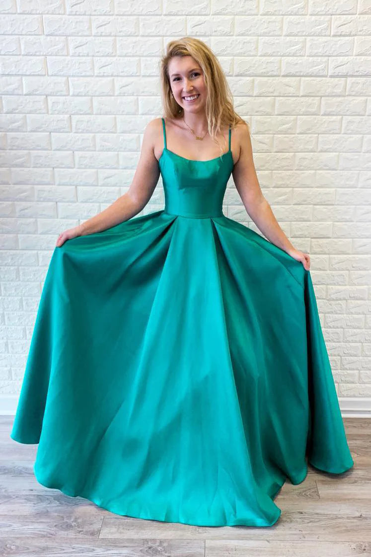 Robe de soirée/Robe de bal longue turquoise à bretelles spaghetti et coupe trapèze 
