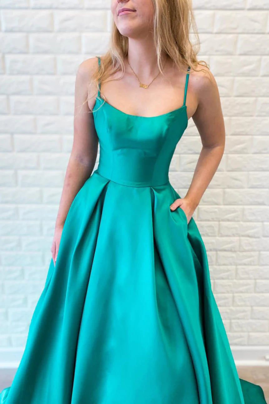 Robe de soirée/Robe de bal longue turquoise à bretelles spaghetti et coupe trapèze 