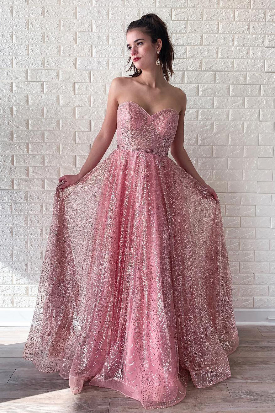Robe de soirée/Robe de bal longue rose scintillante en forme de trapèze 