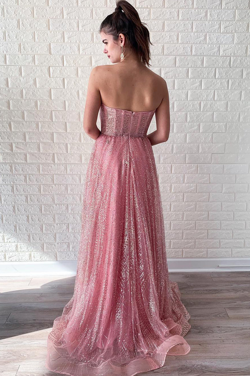 Robe de soirée/Robe de bal longue rose scintillante en forme de trapèze 