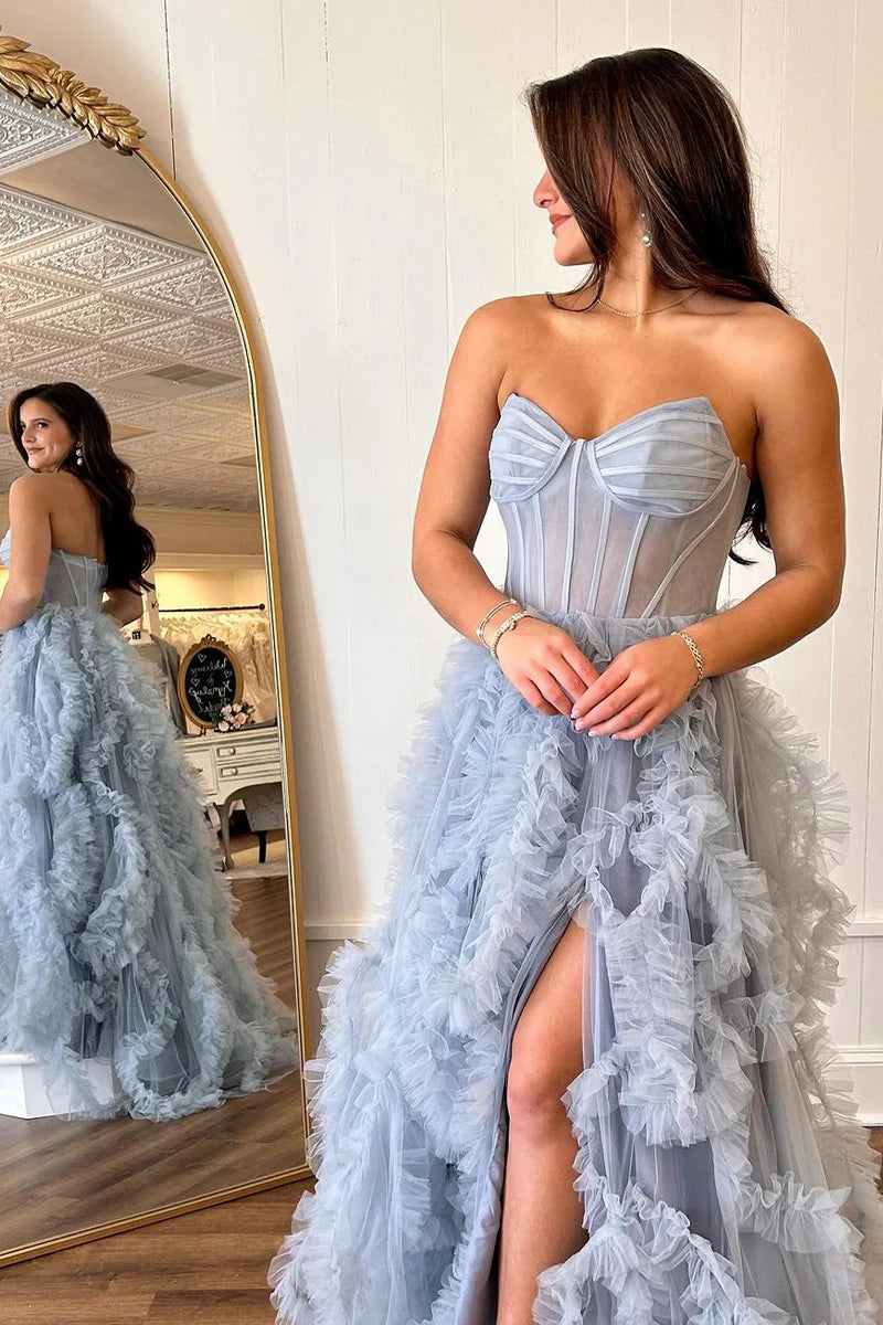 Robes de soirée/Robes de bal longues en tulle bleu sans bretelles, à volants et fente/Boutique de robes de bal 