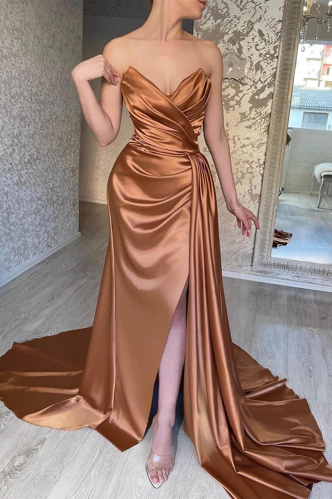 Formal Wear Dresses Brown Strapless Sweetheart Sleeveless Mermaid Split Prom Dress With Ruffles Evening Dresses Prom Dresses Stores
