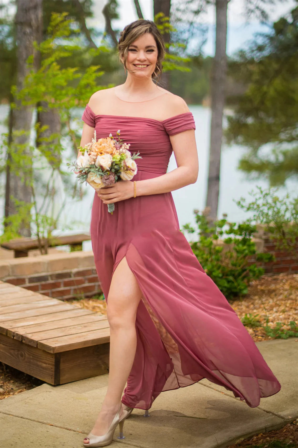 Formal Wear Dresses/Chiffon Off the Shoulder Dusty Rose Pleated Bridesmaid Dress