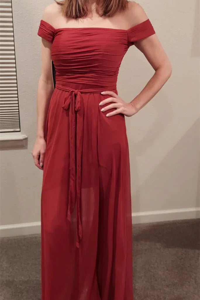 Formal Wear Dresses/Chiffon Off the Shoulder Dusty Rose Pleated Bridesmaid Dress