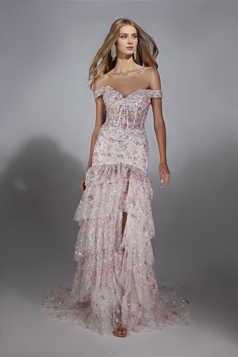 Formal Wear Dresses Corset/Sheath Sparkling Sleeveless Prom Dress Off-the-Shoulder Tiered Floor Length With Slit Prom Dress Prom Dresses Stores