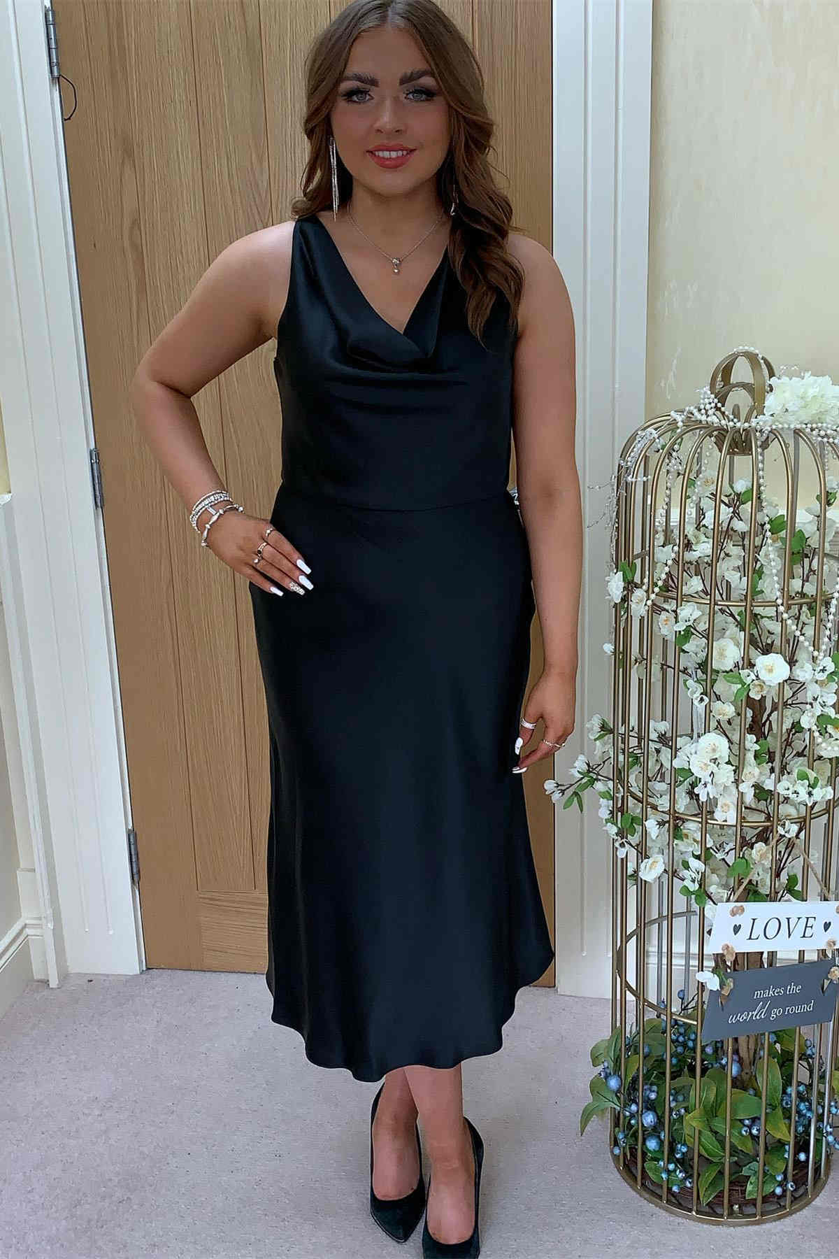 Formal Wear Dresses/Cowl Neck Ivory Sheath Tea Length Bridesmaid Dress