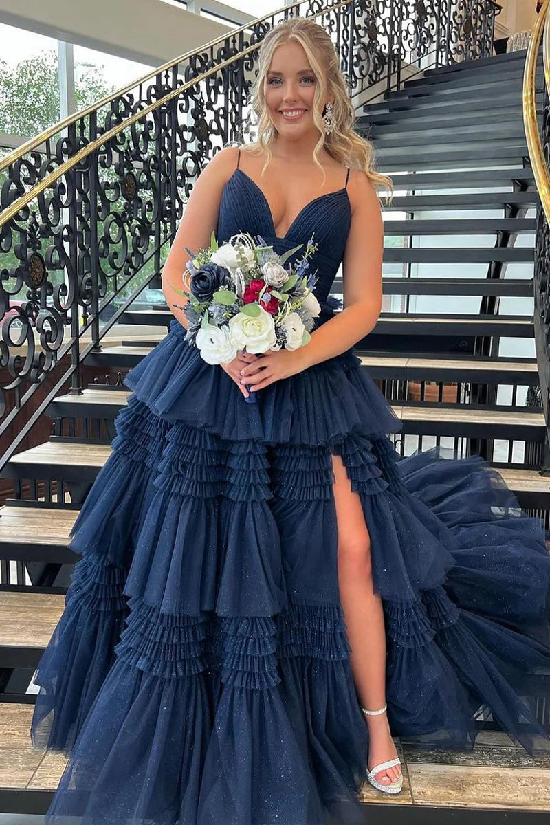 Formal Wear Dresses/Cute A Line Navy Blue Tiered Tulle Long Prom Dresses with Slit/Prom Dress Shop