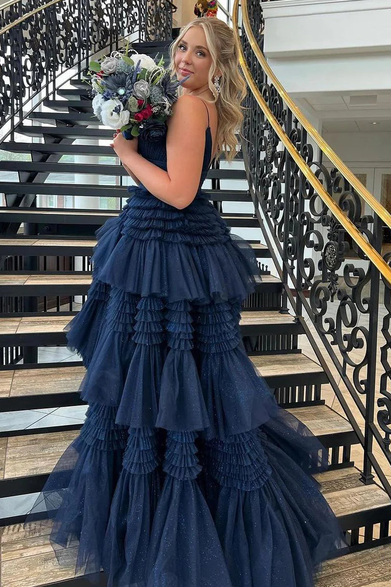 Formal Wear Dresses/Cute A Line Navy Blue Tiered Tulle Long Prom Dresses with Slit/Prom Dress Shop