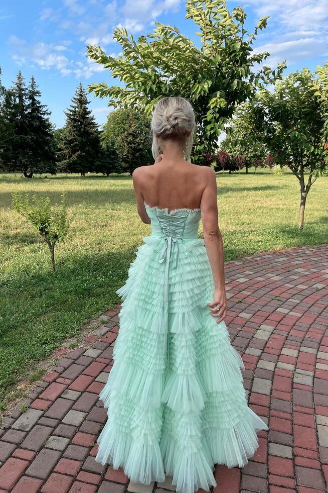 Formal Wear Dresses/Cute A Line Strapless Light Green Tulle Tiered Ruffles Prom Dress/Prom Dress Shop