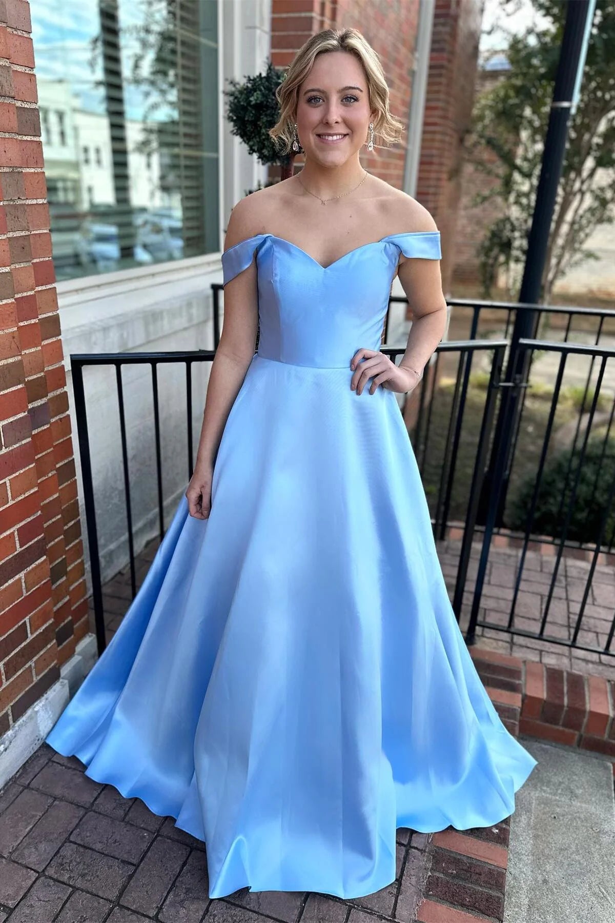 Formal Wear Dresses Floor Length A-line Off The Shoulder Light Blue Satin Prom Dress Stores With Prom Dresses
