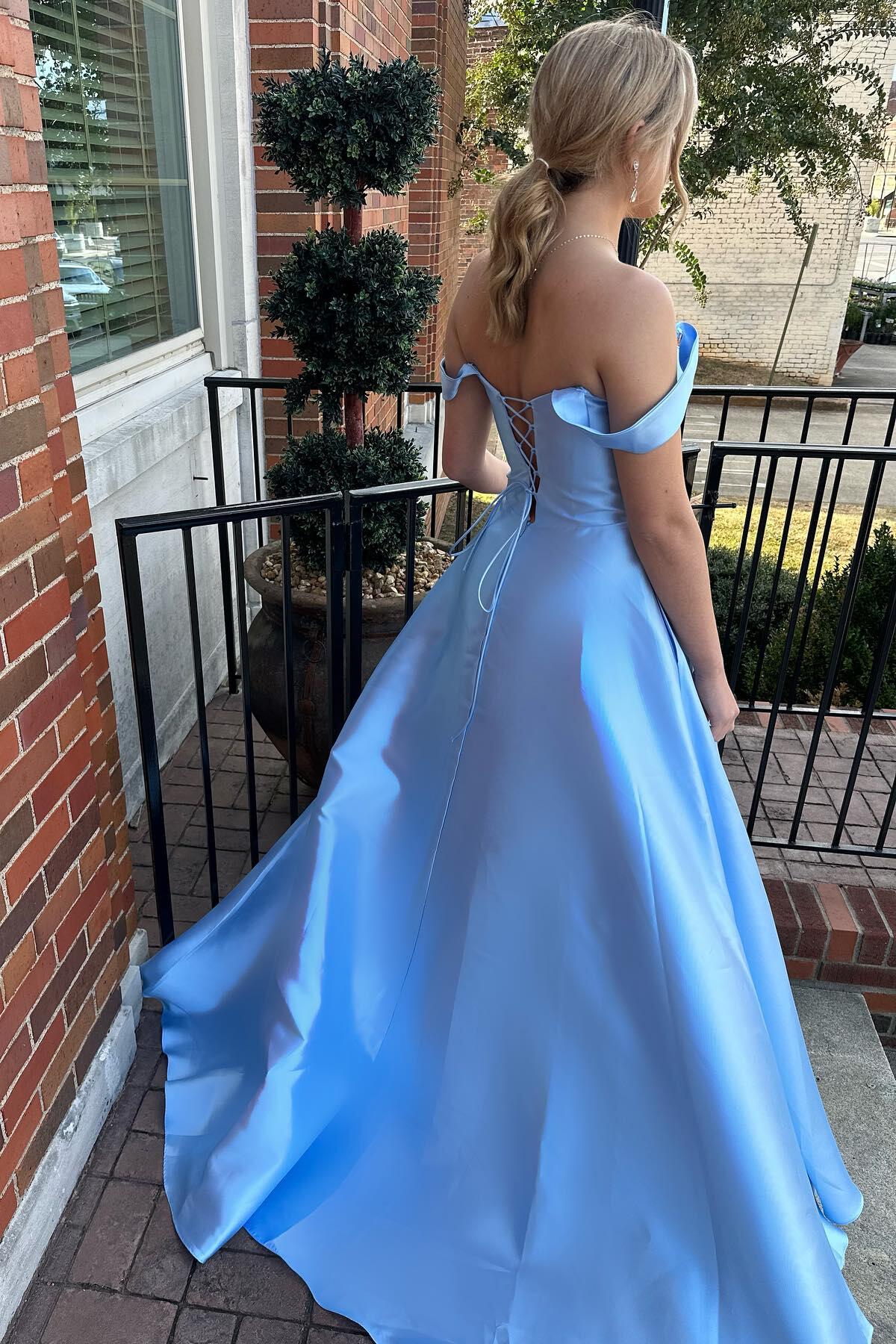 Formal Wear Dresses Floor Length A-line Off The Shoulder Light Blue Satin Prom Dress Stores With Prom Dresses