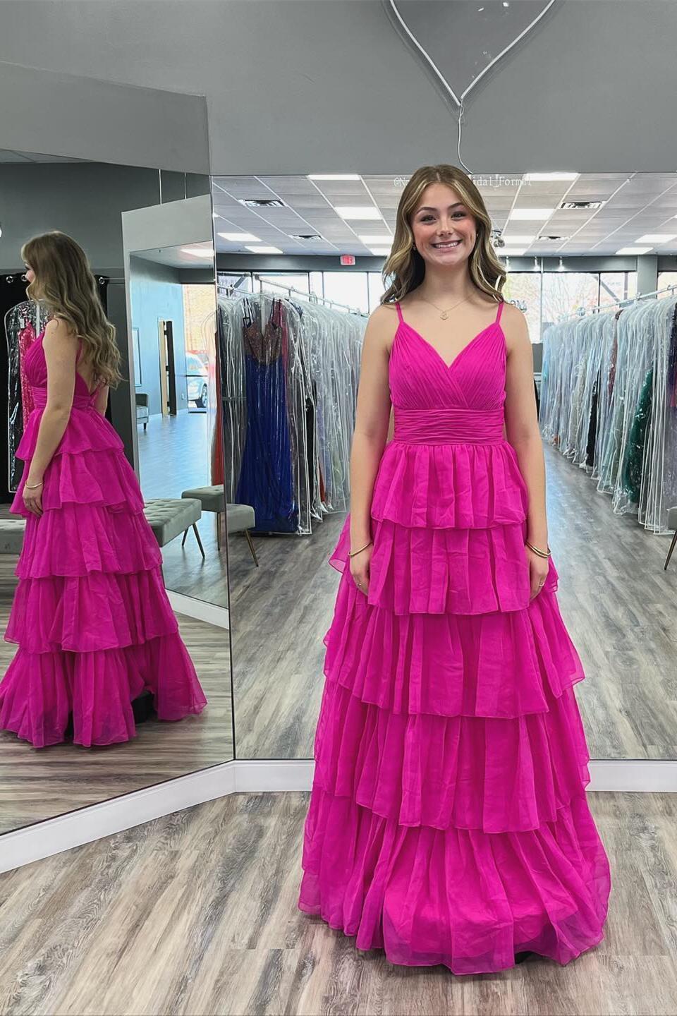 Formal Wear Dresses Fuchsia Pleated A-line Ruffles Long Party Dress Prom Dress Stores With Prom Dresses