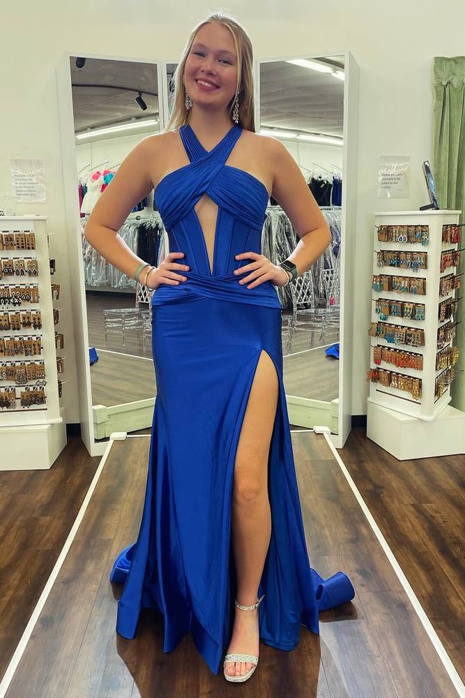 Robe de soirée/Robe de bal sirène fendue en satin vert avec col croisé 