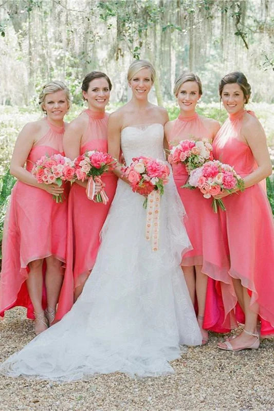Formal Wear Dresses/Halter Coral High Low Bridesmaid Dress