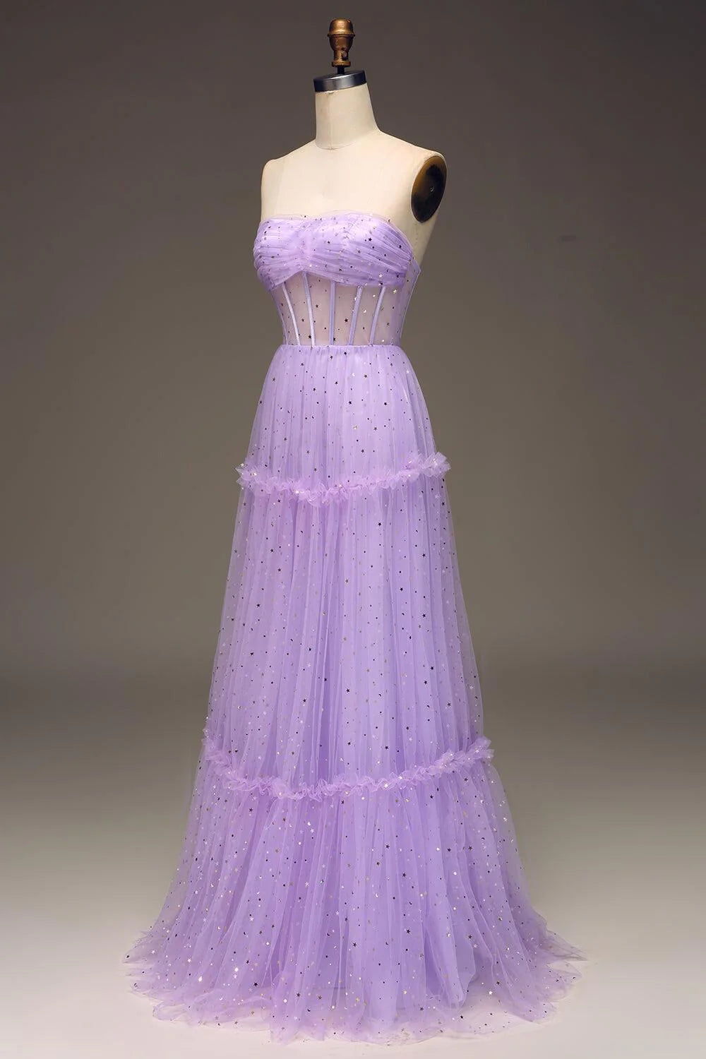Robes de soirée lilas en tulle étoilé, sans bretelles, coupe trapèze, longue, robes de bal, magasins proposant des robes de bal. 