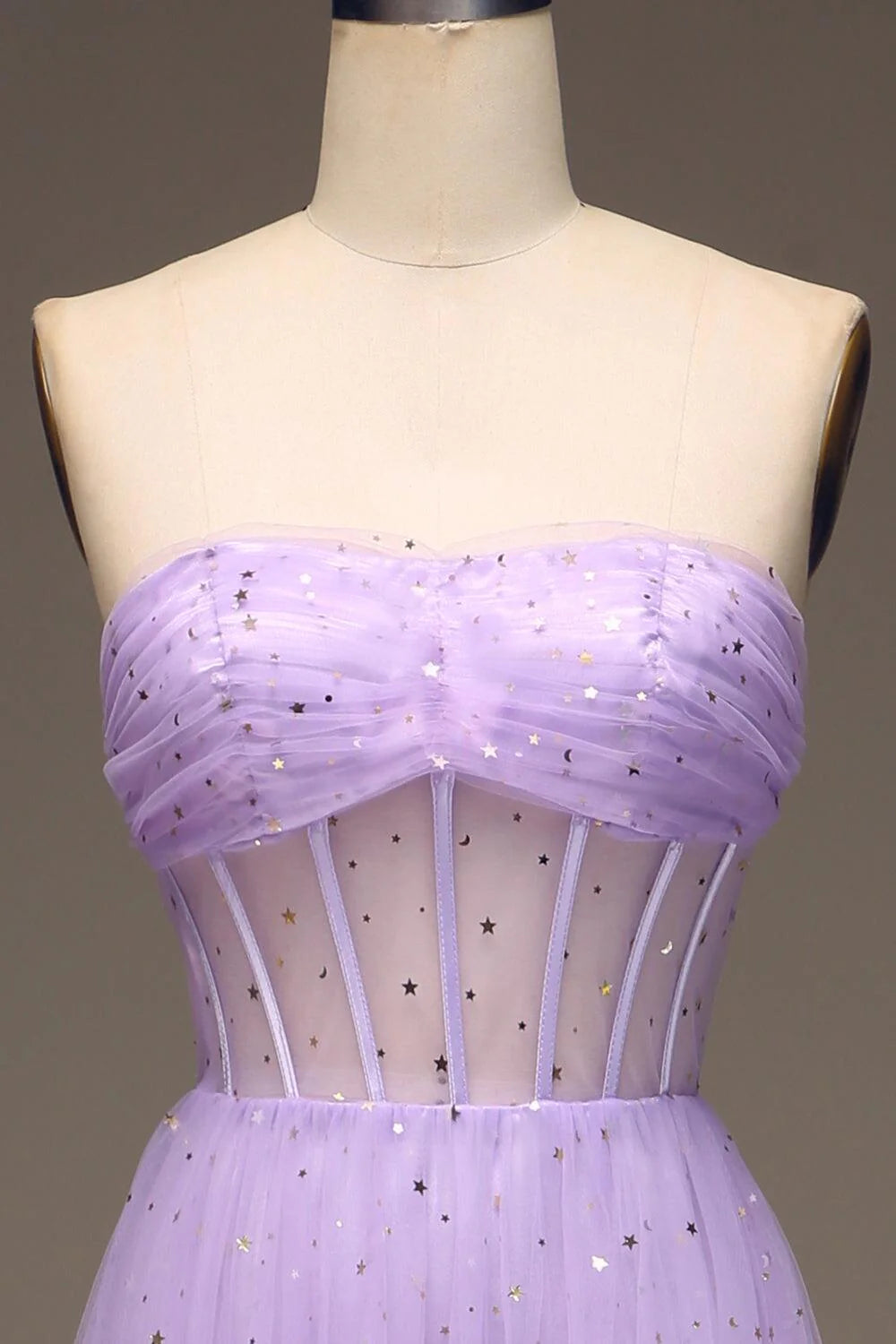 Robes de soirée lilas en tulle étoilé, sans bretelles, coupe trapèze, longue, robes de bal, magasins proposant des robes de bal. 