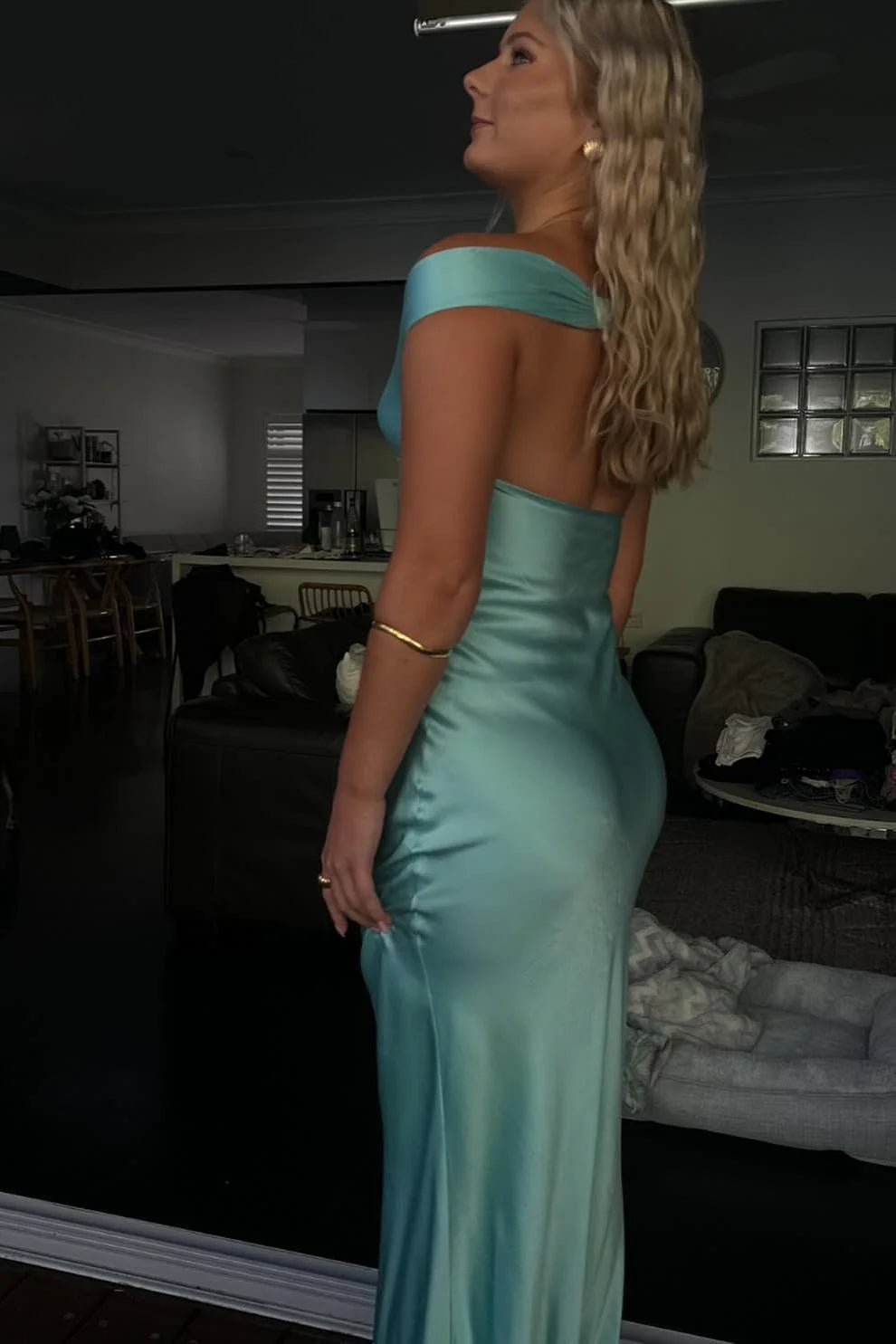 Formal Wear Dresses/Off the Shoulder Aqua Silk Long Party Prom Dress