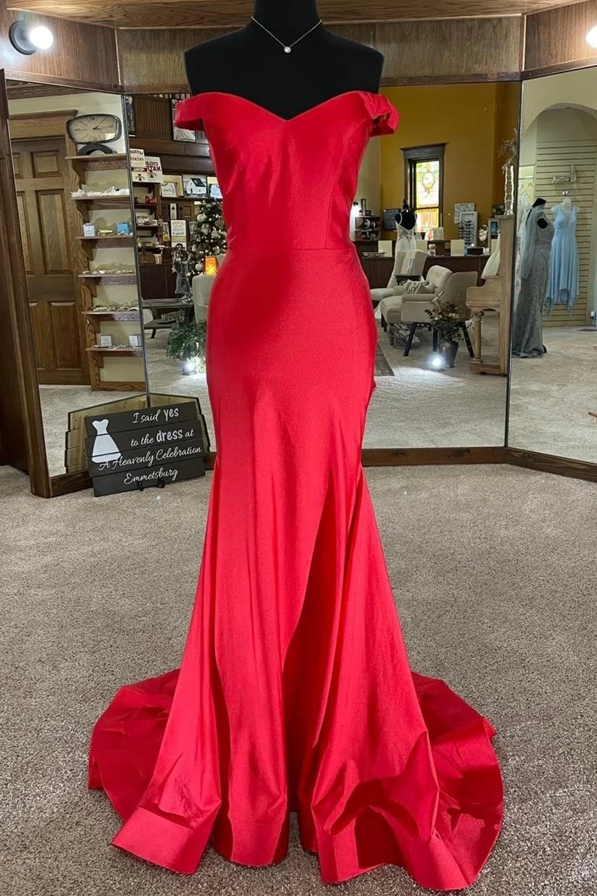 Formal Wear Dresses Off the Shoulder Red Mermaid Floor Length With Train Prom Dress Stores With Prom Dresses