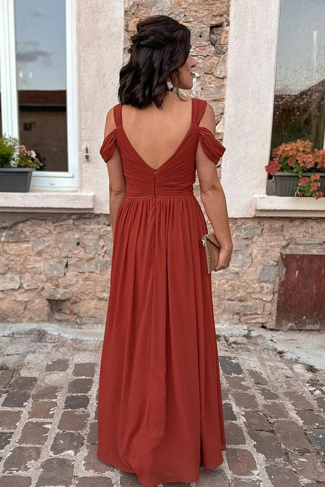 Formal Wear Dresses/Rust Red Cold Sleeves Pleated Long Bridesmaid Dress with Slit