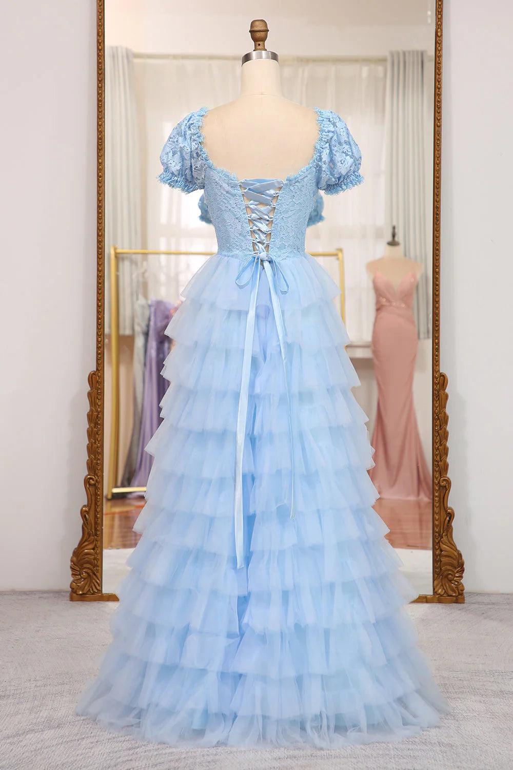 Formal Wear Dresses Short Sleeves Blue Lace and Tulle Tiered Dress Prom Dress Stores With Prom Dresses