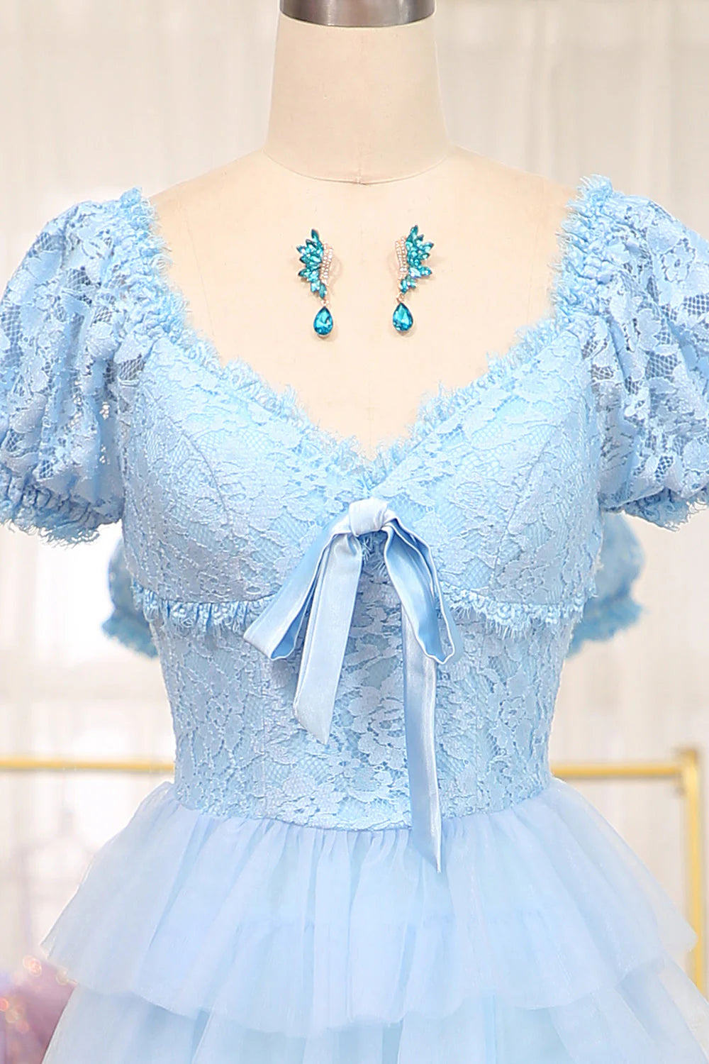 Formal Wear Dresses Short Sleeves Blue Lace and Tulle Tiered Dress Prom Dress Stores With Prom Dresses