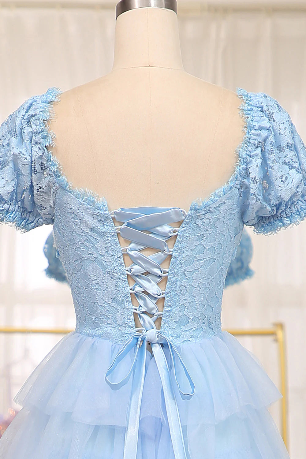 Formal Wear Dresses Short Sleeves Blue Lace and Tulle Tiered Dress Prom Dress Stores With Prom Dresses