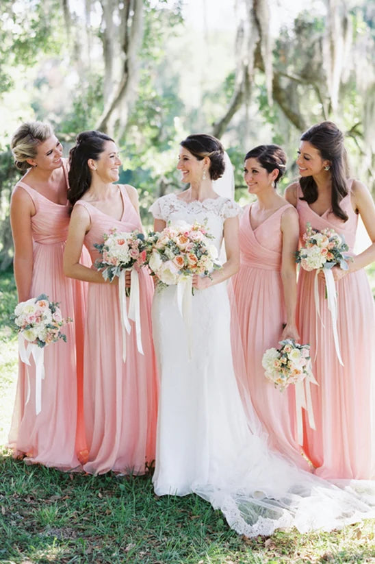 Formal Wear Dresses/Simple Pink Chiffon Long Bridesmaid Dress with V Neck