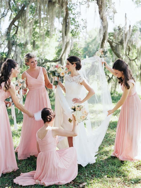 Formal Wear Dresses/Simple Pink Chiffon Long Bridesmaid Dress with V Neck