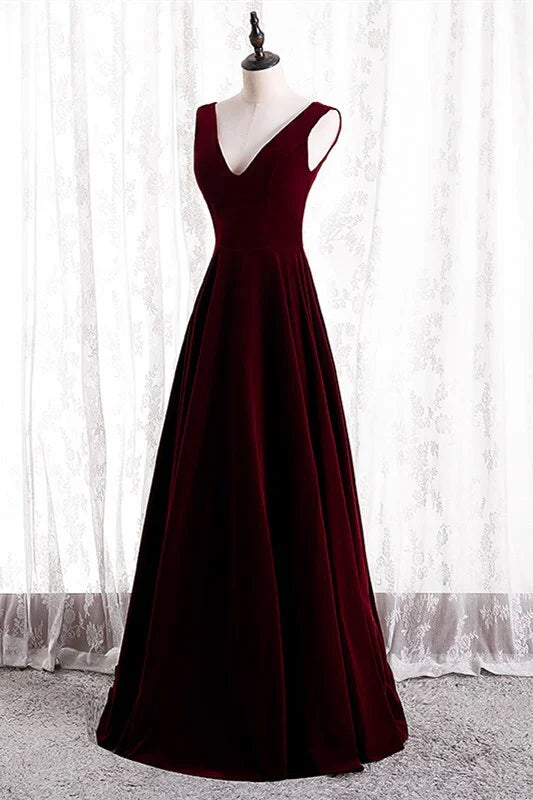 Formal Wear Dresses Simple V Neck Sleeveless Burgundy Velvet Long Party Dress Prom Dress Stores With Prom Dresses ﻿