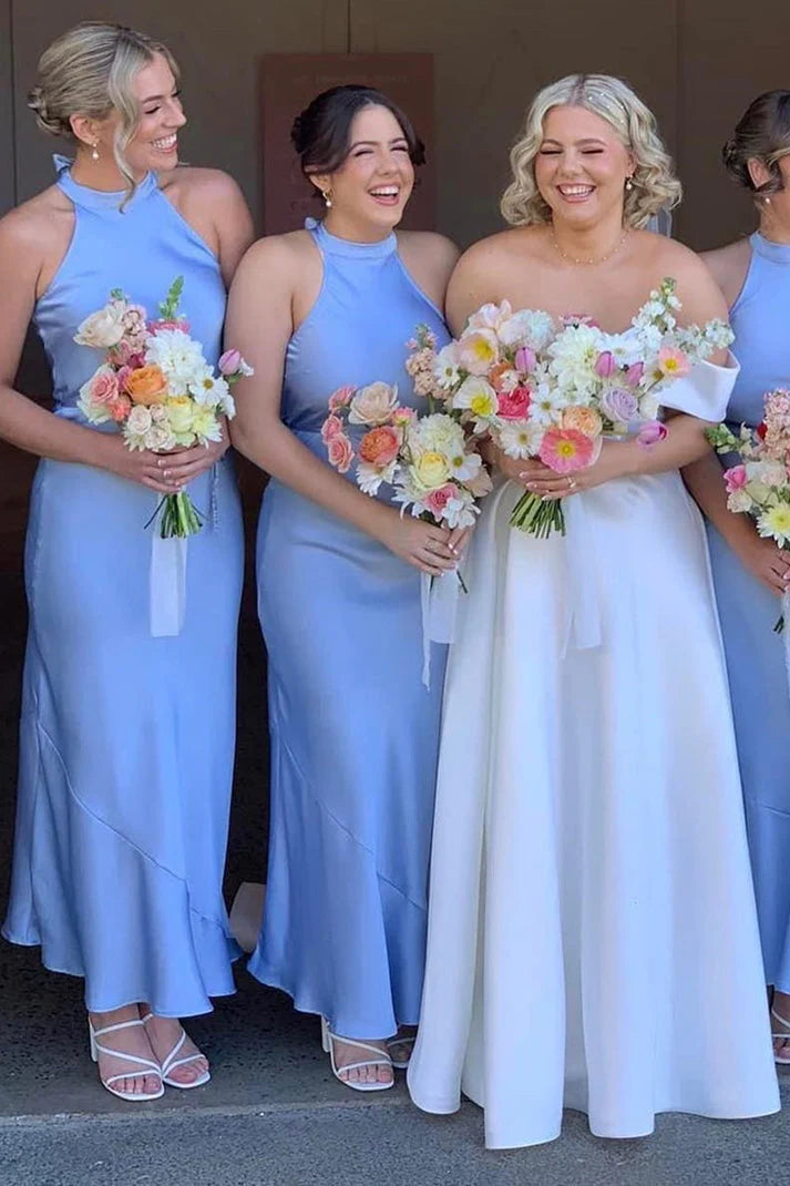 Formal Wear Dresses/Sky Blue Halter Satin Long Bridesmaid Dress