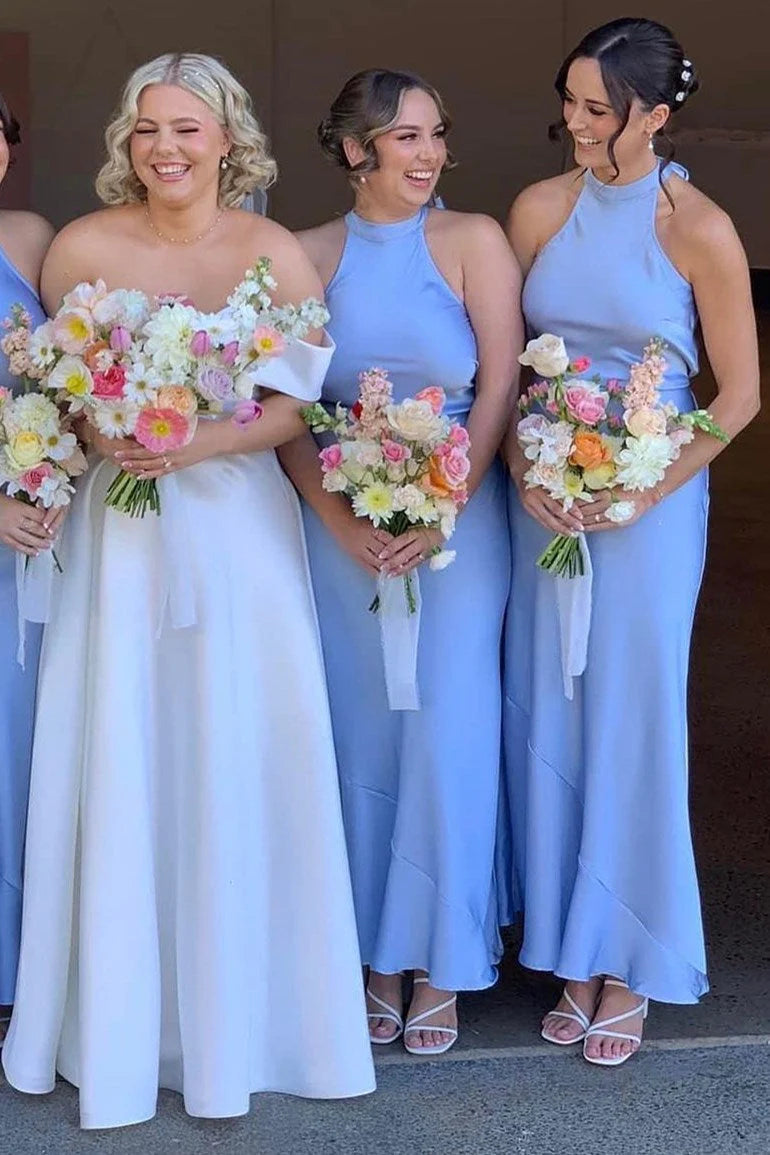 Formal Wear Dresses/Sky Blue Halter Satin Long Bridesmaid Dress