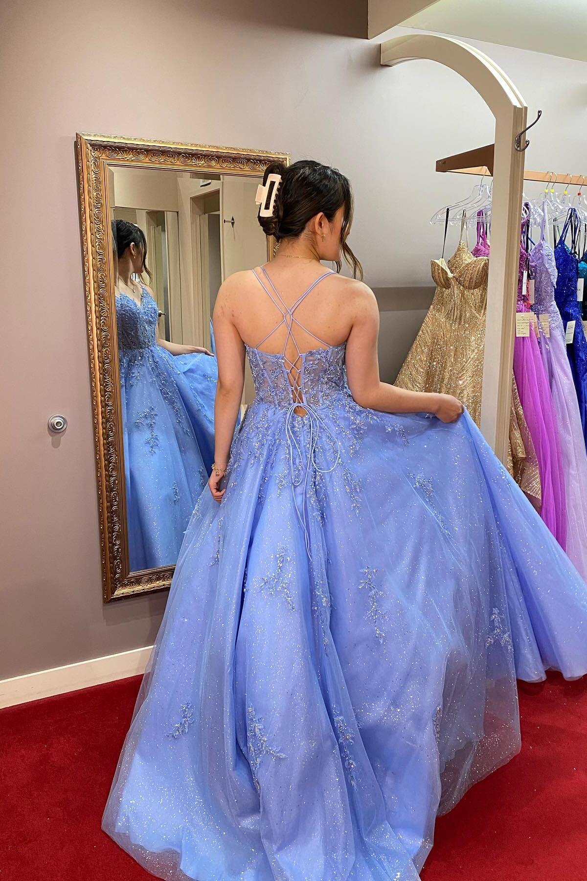 Formal Wear Dresses Spaghetti Straps Blue Appliques A-line Long Floor Length Formal Dress Prom Dress Stores With Prom Dresses