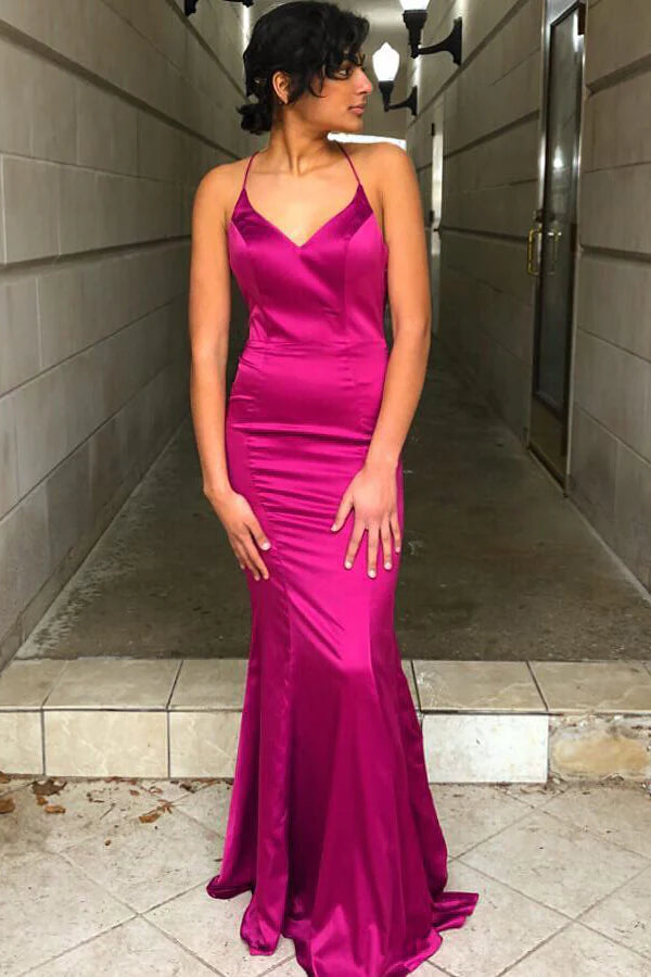 Formal Wear Dresses/Spaghetti Straps Cowl Back Mermaid Fuchsia Long Prom Dress