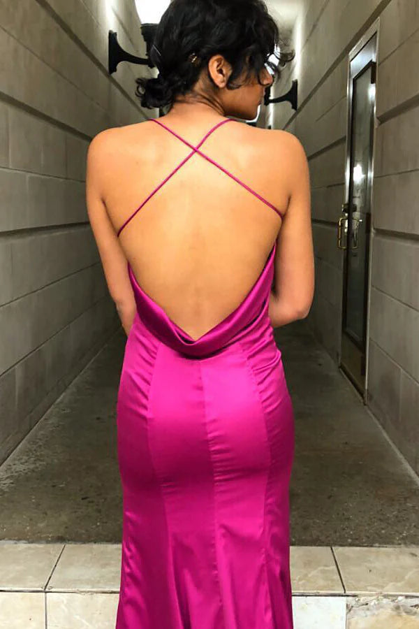 Formal Wear Dresses/Spaghetti Straps Cowl Back Mermaid Fuchsia Long Prom Dress
