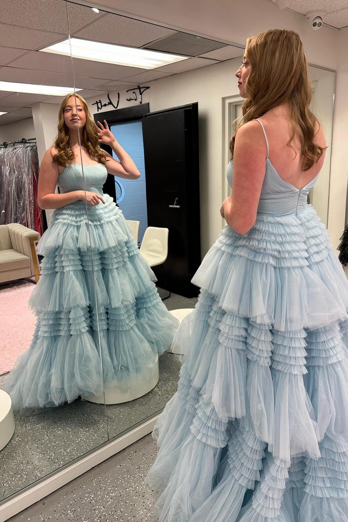 Robes de soirée à bretelles spaghetti, tulle bleu clair, volants, coupe trapèze, robes de bal, magasins proposant des robes de bal 