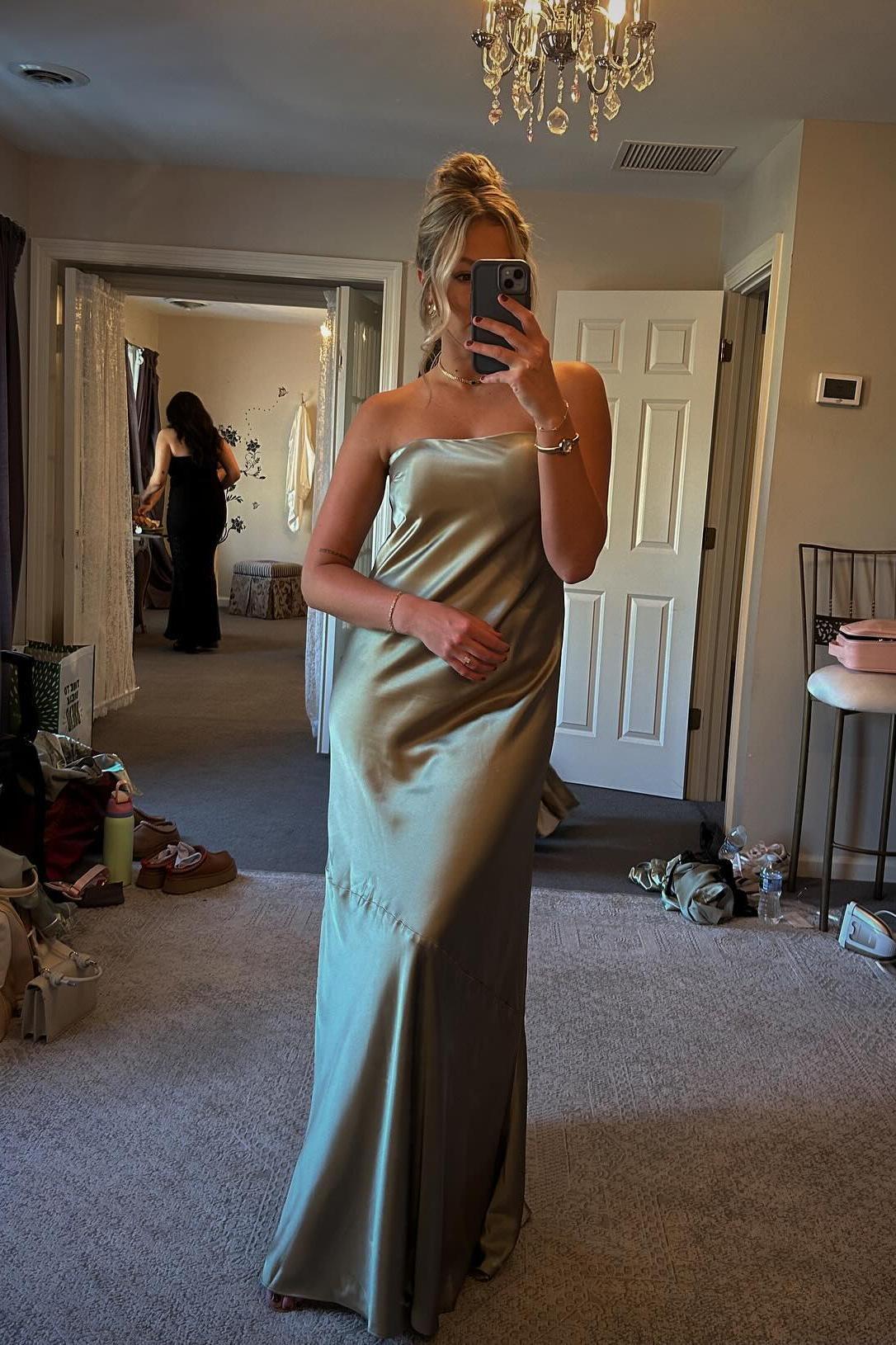 Formal Wear Dresses/Strapless Olive Green Satin A-line Long Party Dress Bridesmaid Dress Prom Dress
