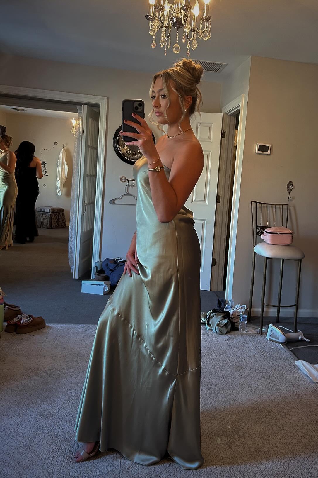Formal Wear Dresses/Strapless Olive Green Satin A-line Long Party Dress Bridesmaid Dress Prom Dress