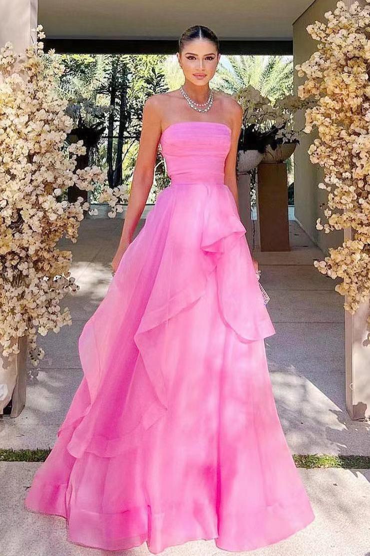 Robe de soirée/Robe de bal trapèze bustier en tulle rose à volants 