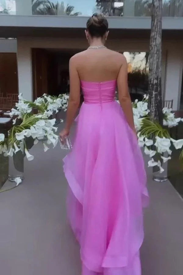 Robe de soirée/Robe de bal trapèze bustier en tulle rose à volants 
